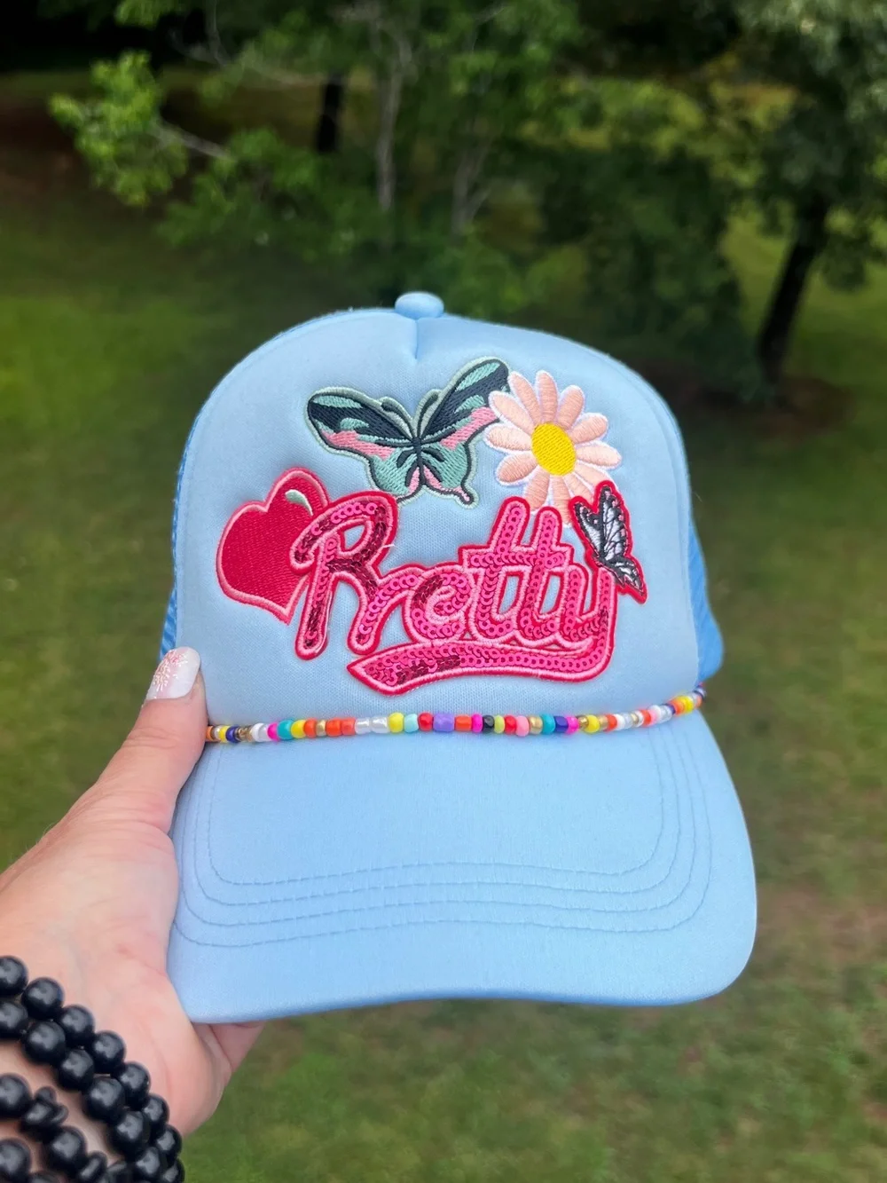 Pretty Blue Trucker Hat Butterfly Daisy Beaded Snapback NWOT